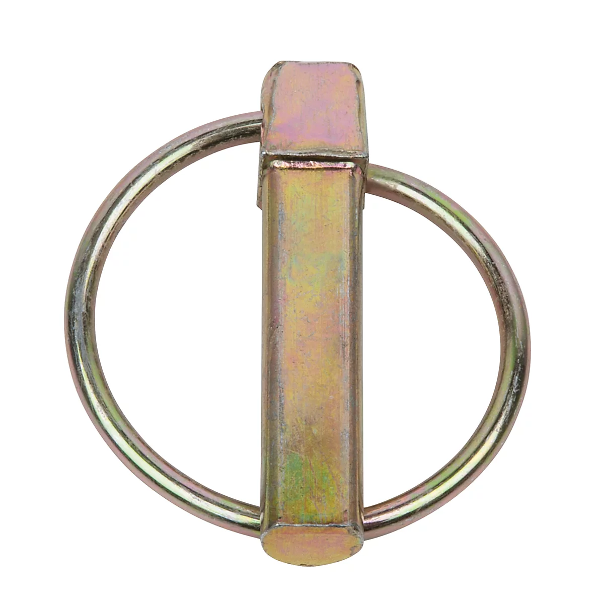 Ein Bolzen mit einem halbrunden Drahtring, metallisch, vor weißem Hintergrund.